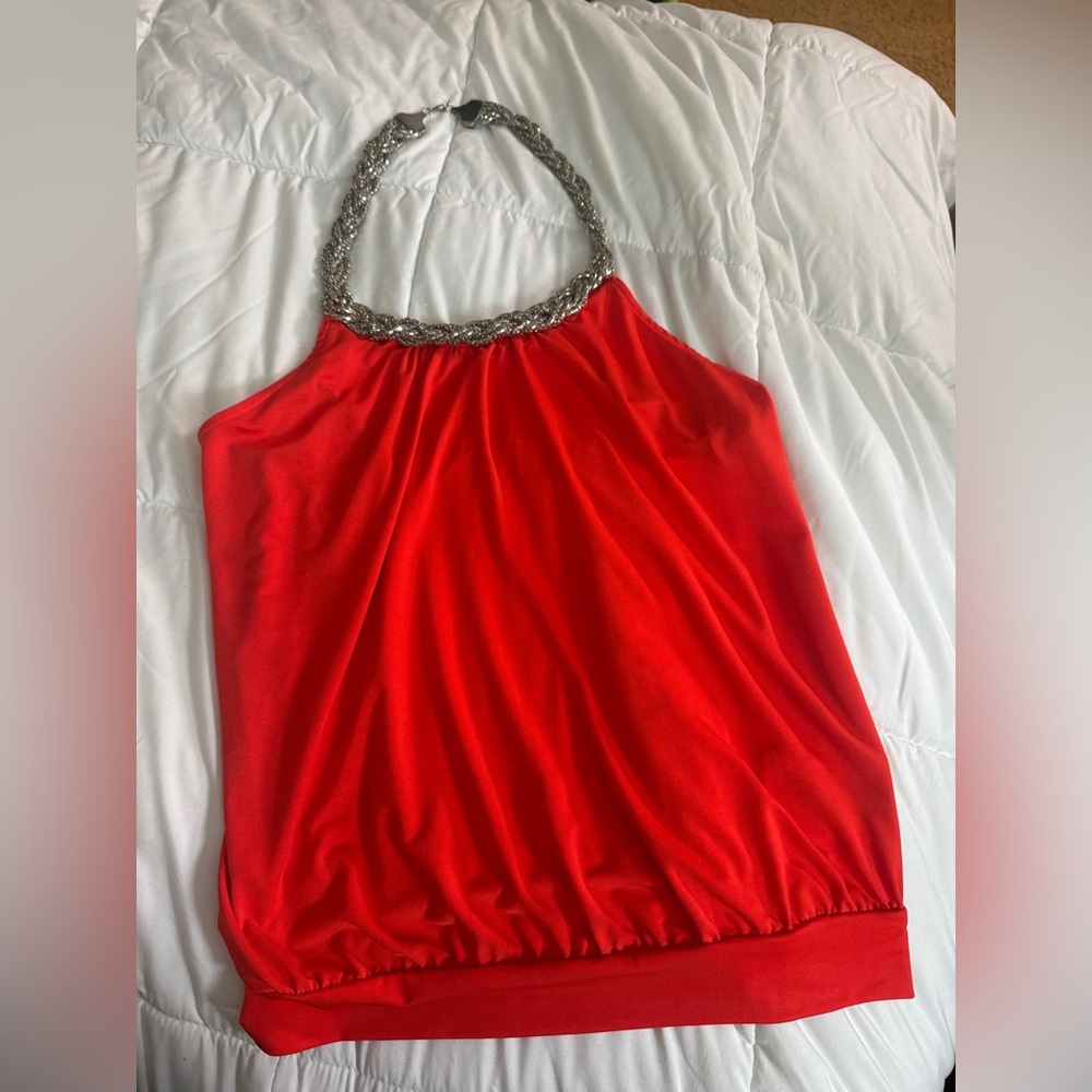 Red Halter Tank Top with Beaded Neckline